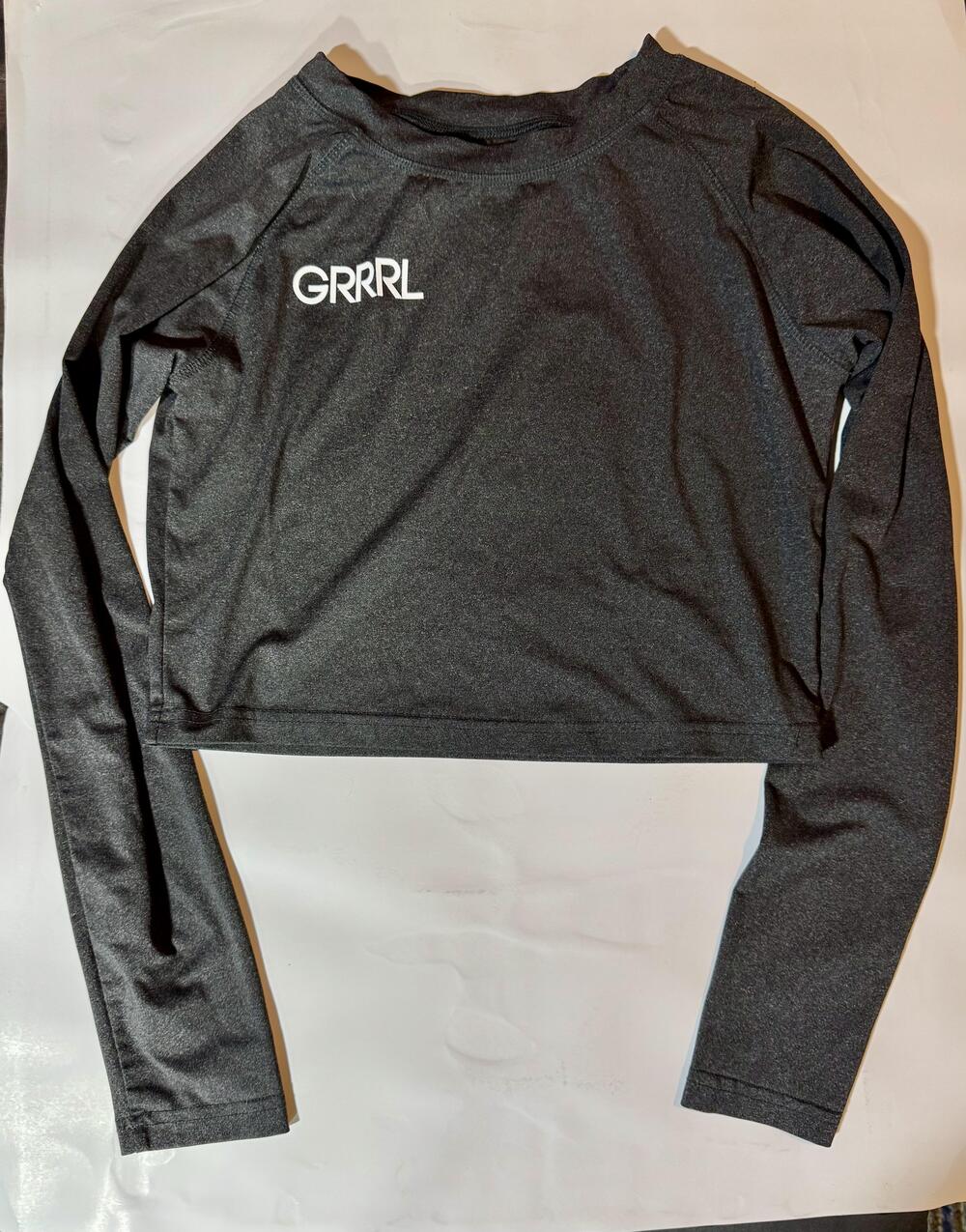 GRRRL Logo Shirt Womens Small Black Long Sleeve Crop Top Athletic Workout